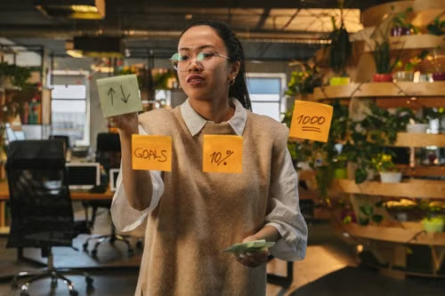 Professional presenting goals and metrics on sticky notes