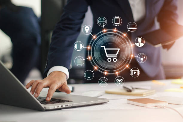 Digital commerce and marketing interface over a laptop workspace